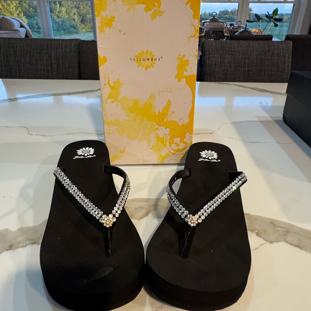 Yellow Box Black Sparkly Sandals with Crystal Straps